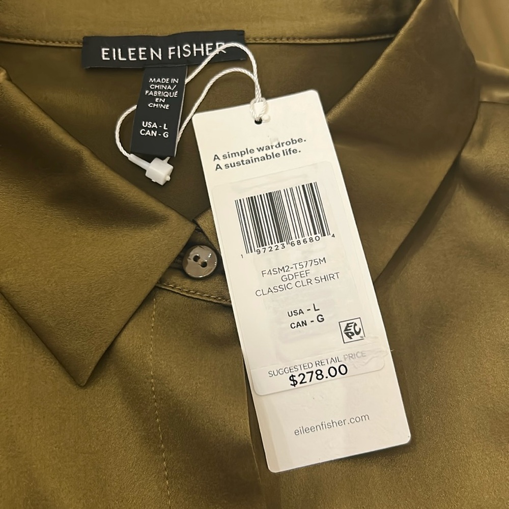 NWT Eileen Fisher Stretch Silk Charmeuse Classic Collar Shirt - Picture 7 of 10